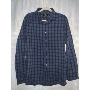 Express Shirt Mens Large 16-16.5 Extra Slim Blue Plaid Button Up Long Sleeve